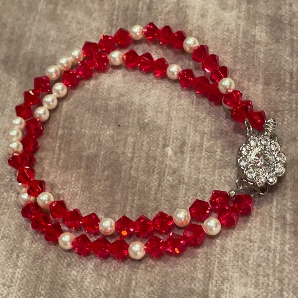 Venetian Crystal Red Beaded & Pearl Bracelet 7”
